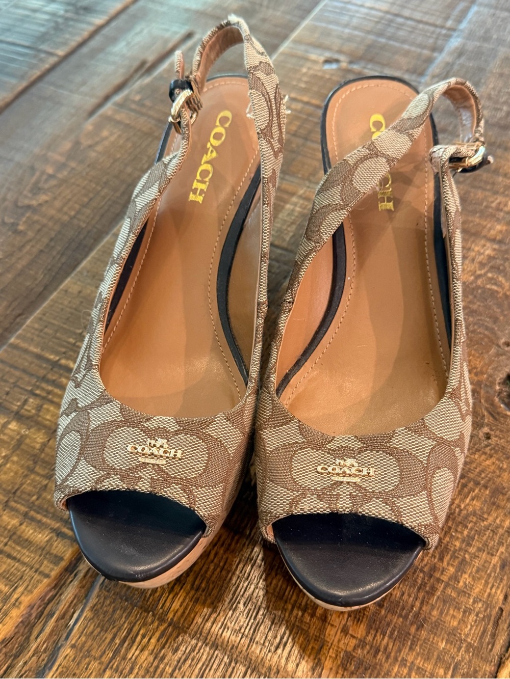 Coach Brown Signature Canvas Peep-Toe Slingback Wedges